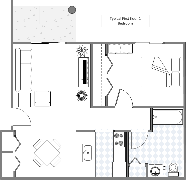 Floor plan for 1 bed, 1 bath, 632 sqft